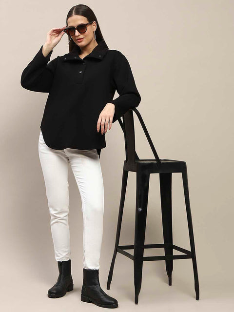 Madame Fleece Fur Attached Buttoned Black Zipper Sweatshirt
