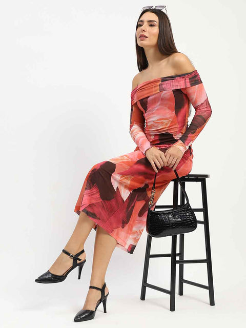 Madame Abstract Print Off Shoulder Semi Sheer Orange Maxi Dress