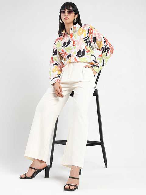 Madame Abstract Print Buttoned Off White Linen Shirt