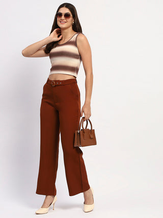 Madame Striped Sleeveless Cotton Brown Crop Sweater