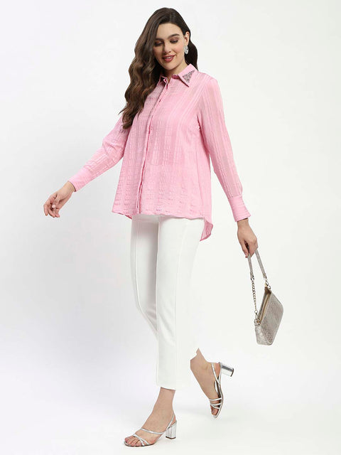 Madame Embroided Collar Pink Shirt