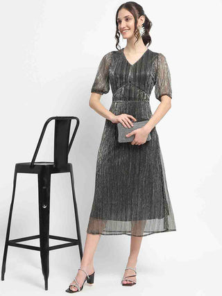 Madame Shimmery Corset Detailed Puff Sleeved Black Midi Dress