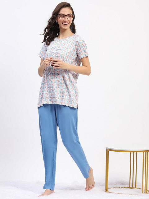 mSECRET Embellished Floral Typography Printed Blue Night Suit