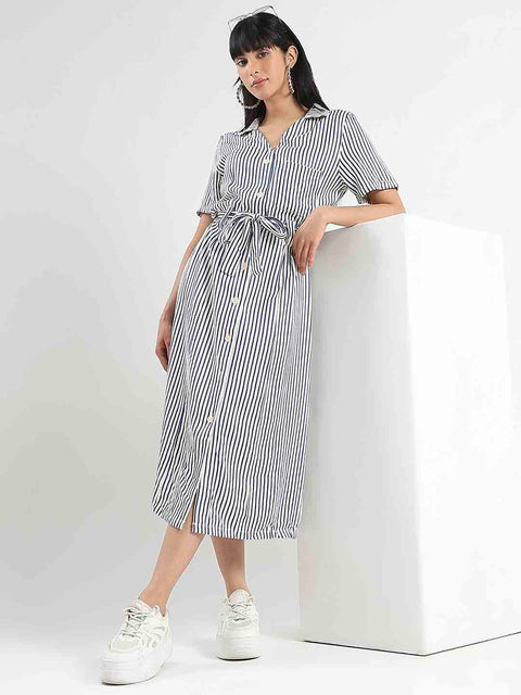 Madame Striped Navy Blue Midi Shirt Dress