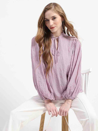 Madame Mock Neck Solid Mauve Cotton Blend