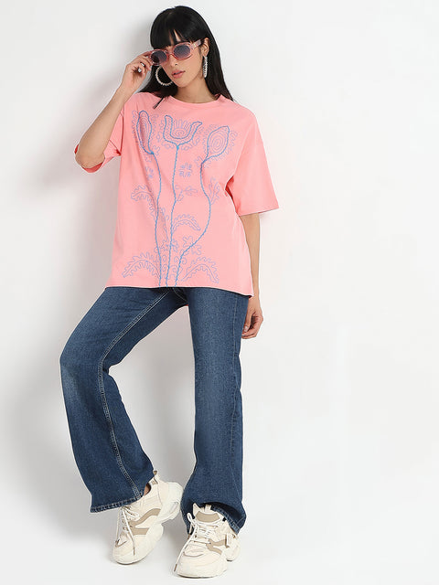 Madame Floral Print Oversize Fit  Peach Cotton T-shirt