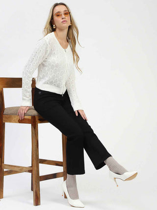 Madame Textured Round Neck Zip Up Off White Knit Top