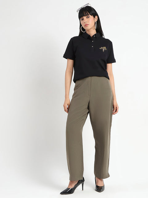 Madame Embellished Cotton Blend Black Polo T-shirt
