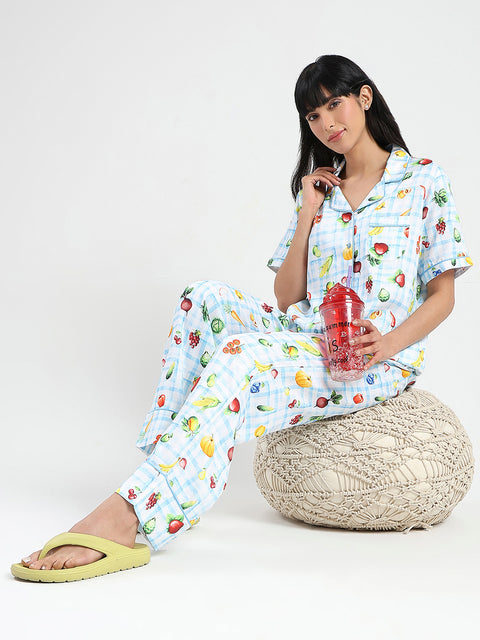 mSECRET Graphic Print Chequered Top and Bottoms Blue Nightsuit