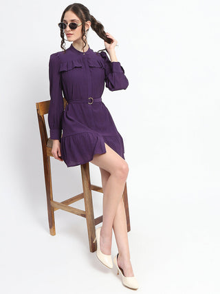 Madame Buckle Detailed Solid Purple Shirt Dress For Women