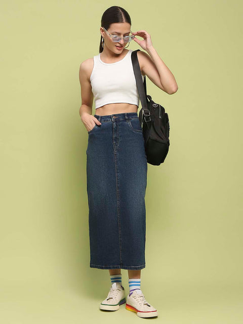 Madame Dark Blue Whiskered Cotton Midi Denim Skirt