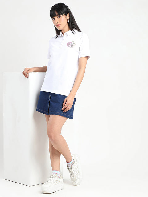 Madame Graphic Print Adorned Cotton Blend White Polo T-shirt