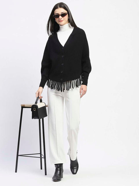 Madame Fringe Detailed Buttoned Solid Black Sweater