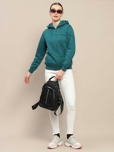 Madame Geometric Print Zipped Teal Hooded Sweatshirt