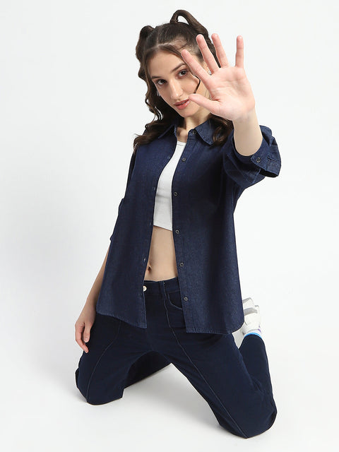 Madame Blue Wash Solid Blue Button Down Denim Shirt