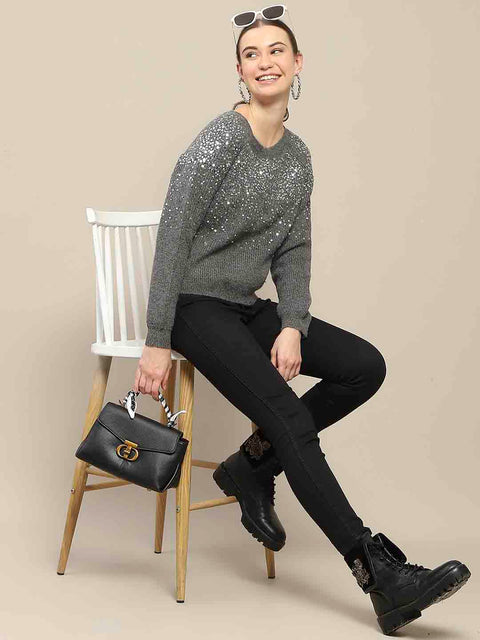 Madame Sequin Adorned Dark Grey Sweater