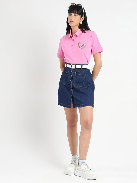 Madame Graphic Print Adorned Cotton Blend Pink Polo T-shirt
