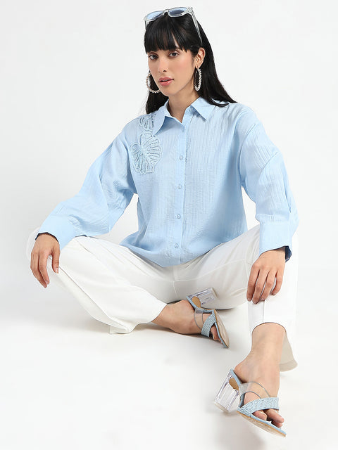 Madame Botanical Embroidery Blue Rayon Blend Shirt