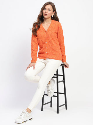 Madame Geometric Pattern V Neck Orange Cardigan