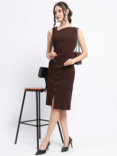 Madame Button Detailed Chocolate Brown Bodycon Knit Dress