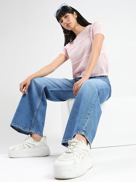 Madame Stone Wash Wide Leg Light Blue Cotton Blend Jeans