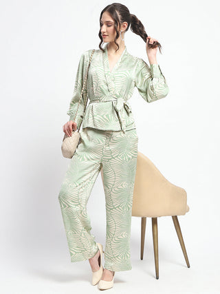 Madame Botanical Print Wrap Top and Bottom Beige Ensemble