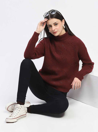 Madame Self Design Wine Red Turtleneck Sweater