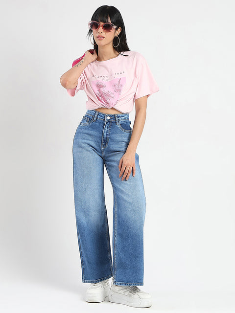 Madame Graphic Foil Print Handwork Detail Pink Cotton T-shirt
