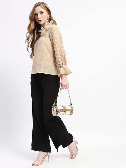 Madame 3D Flower Detailed Round Neck Solid Beige Top