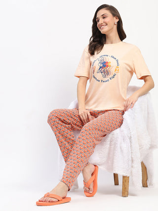 mSECRET Peach Mickey Mouse Graphic Tee and Geometric Print Cotton Nightsuit Set