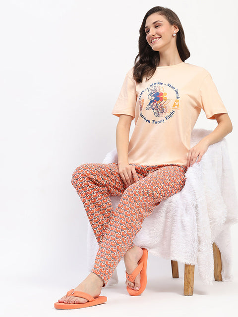 mSECRET Peach Mickey Mouse Graphic Tee and Geometric Print Cotton Nightsuit Set