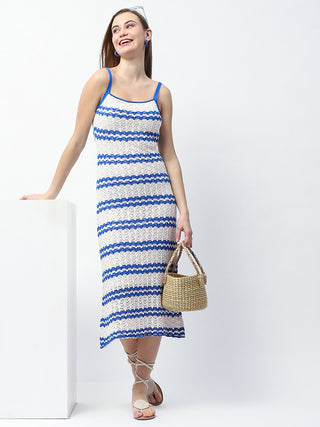 Madame Striped Blue Cotton Midi Knitted Dress