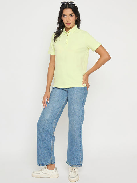 Madame Lime Yellow Cotton Blend Polo T-Shirt