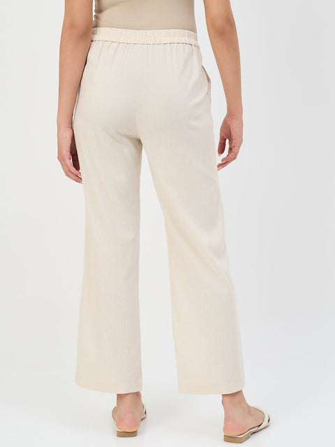 Madame Beige Elastic Waist Linen-Blend Trousers