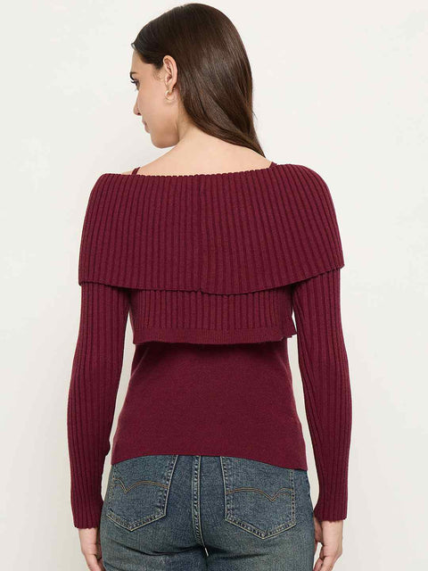 Madame Twisted Ruffle Detail Wine Red Sweater