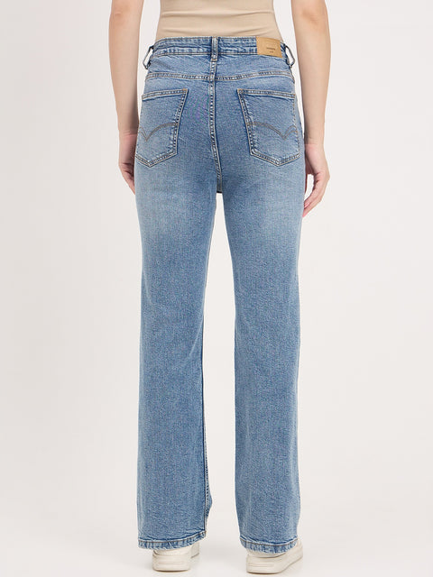 Madame Light Blue Cotton Flared Double Wash Jeans