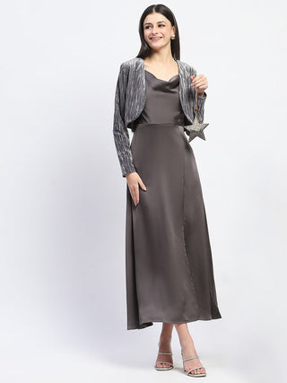 Madame Cowl Neck Solid Grey Satin Maxi Dress