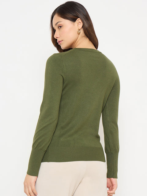 Madame Olive Green Round Neck Sweater with Cuff Sleeves