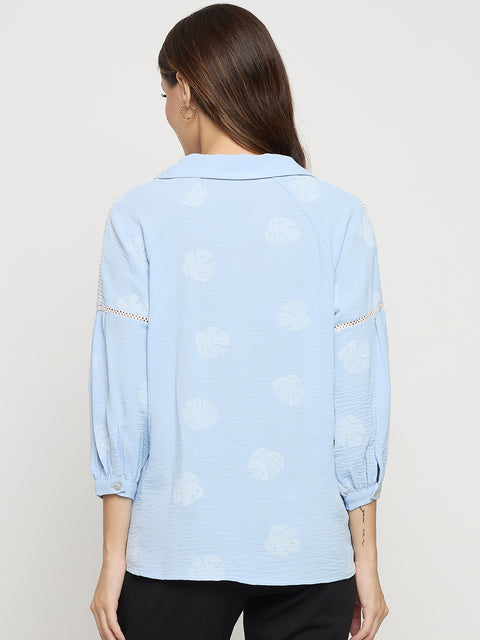 Madame Blue Printed Collar Puff Sleeve Top
