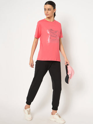 Madame Basic Fit Graphic Print Round Neck Half Sleeve Pink Top