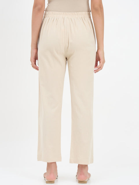 Madame Beige Cotton Straight Fit Trousers