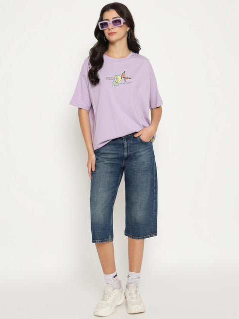 Madame Front and Back Graphic Print Lilac Cotton T-Shirt