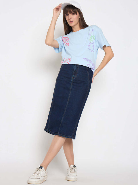 Madame Front and Back Printed Light Blue Sinker Tshirt