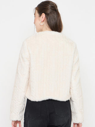 Madame Off White Round Neck Pearl Embellished Blazer