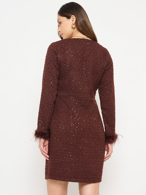 Madame Brown Bodycon Dress with Feather Trim Sleeves