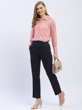 Madame Solid Navy Blue Straight Fit Trousers