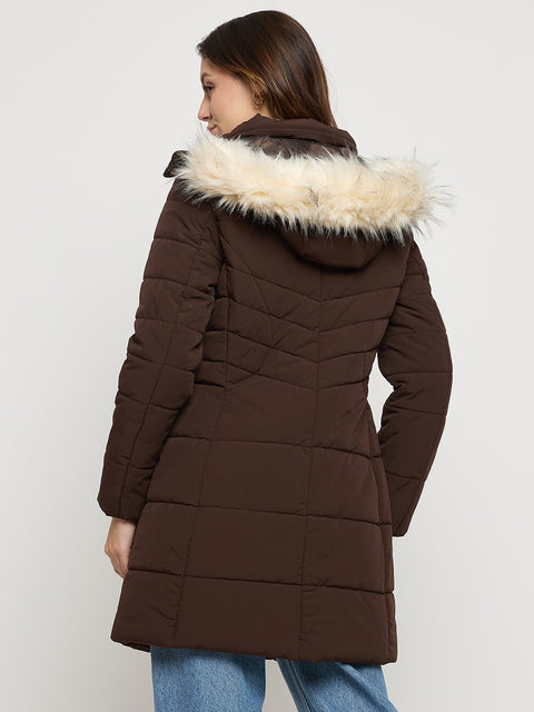 Madame Dark Brown Quilted High Neck Full Sleeve Midi Jacket