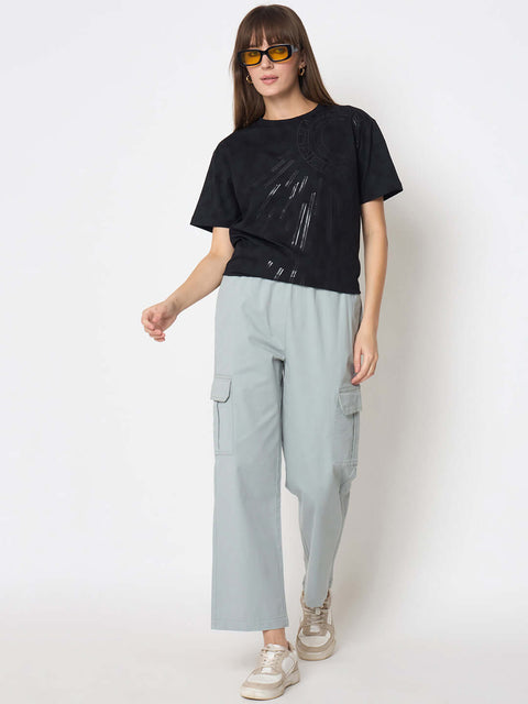 Madame Swarovski Detailed Graphic Print Charcoal Black Tshirt