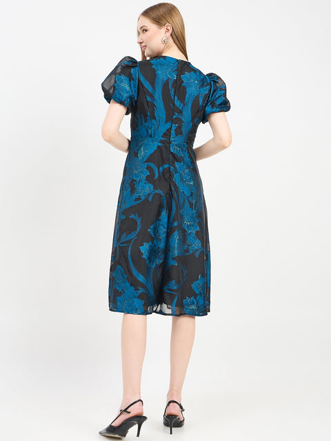 Madame Textured Teal Flared Dress