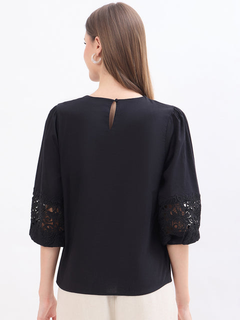 Madame Lace Patchwork Black Cotton Top